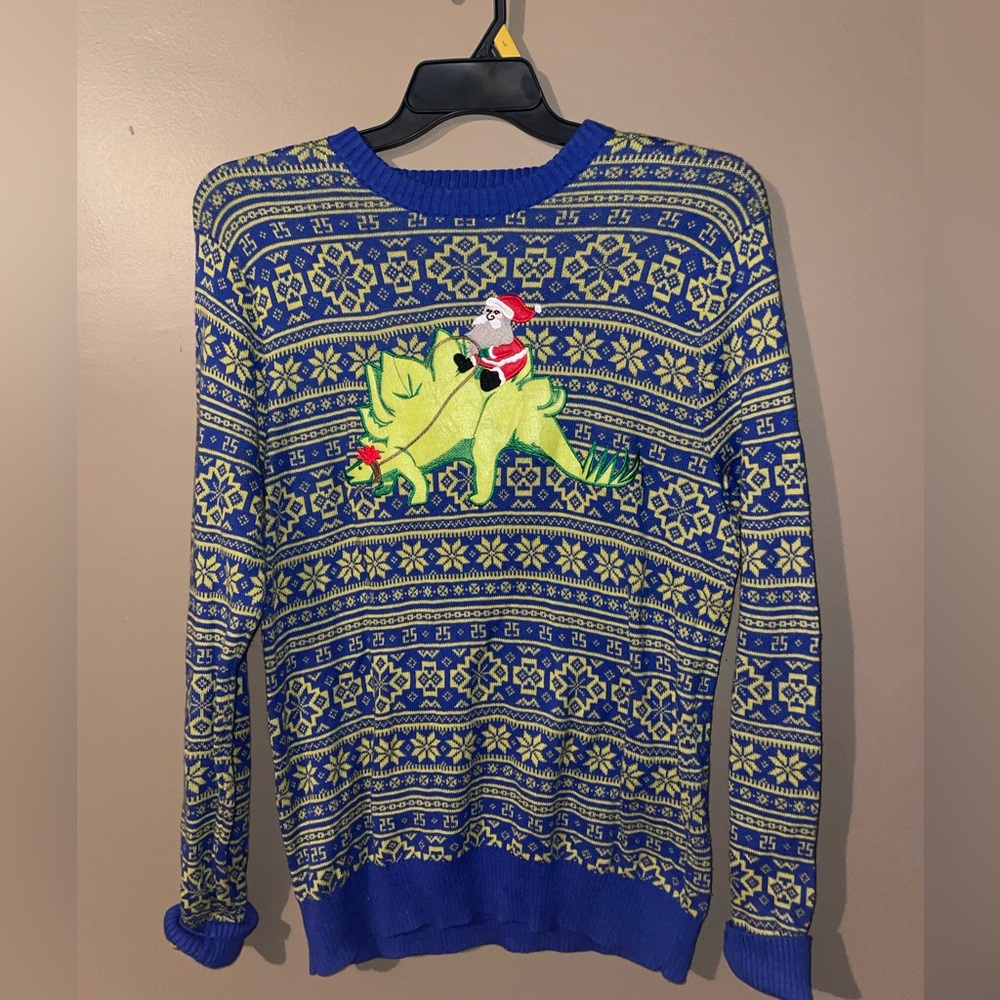 Men’s Alex Steven’s Ugly Christmas Sweater sz M Santa on a Dinosaur